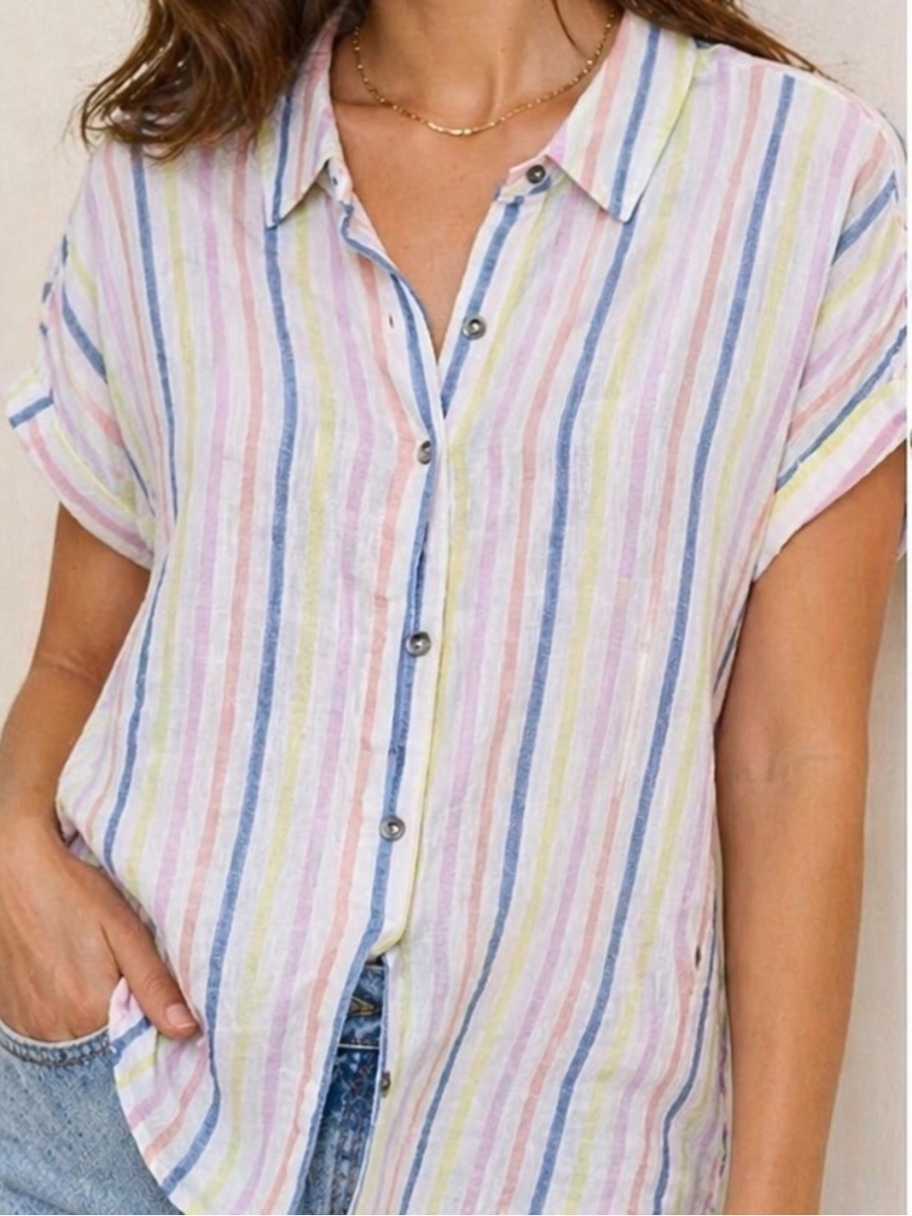 Splendid Pastel Stripe Button-Front Linen Blend Relaxed Fit Women's Shirt sz S